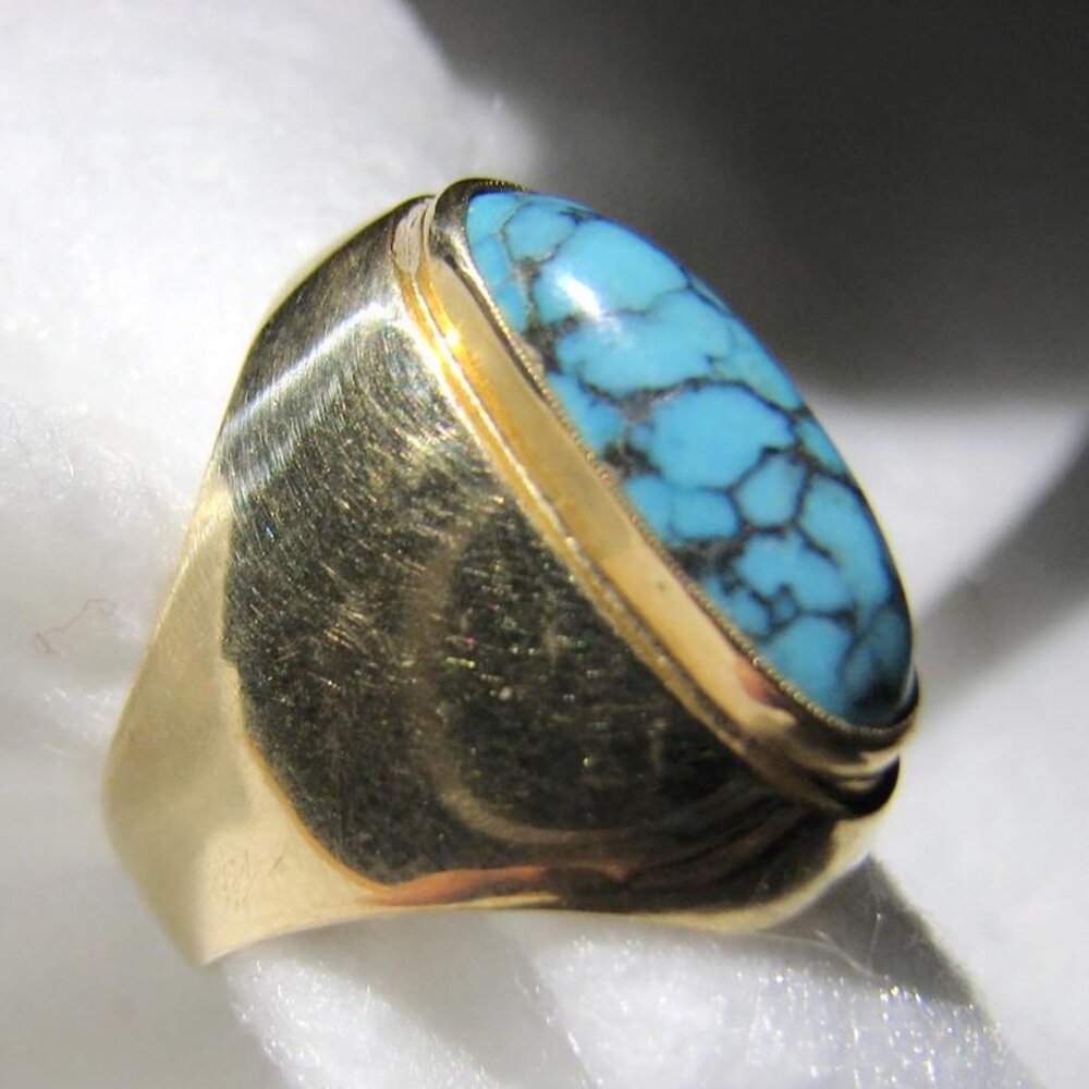 Vintage 14k Yellow SOLID Gold and Persian Turquoise Ring -- Size 7, Heavy 9.1g - Picture 2 of 7